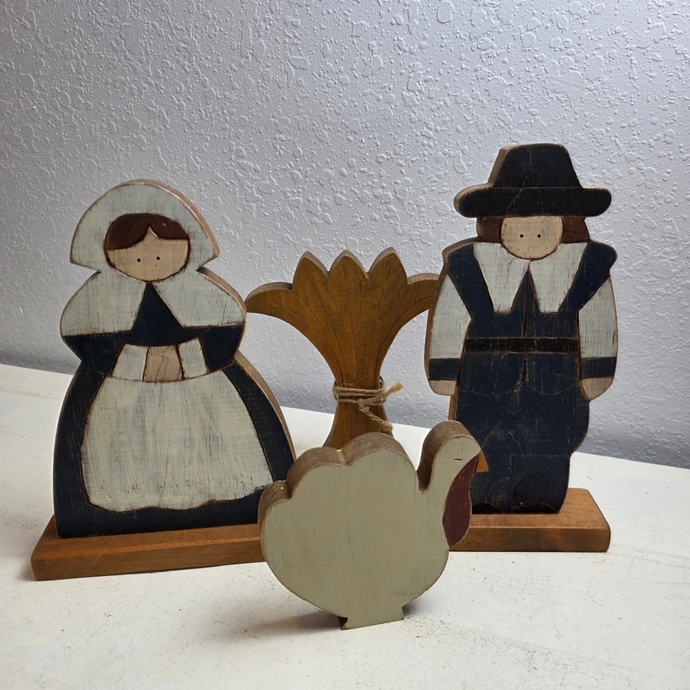 Vintage Primitive Wooden Thanksgiving Pilgrim Turkey‎ Wheat Set 4pc Farmhouse